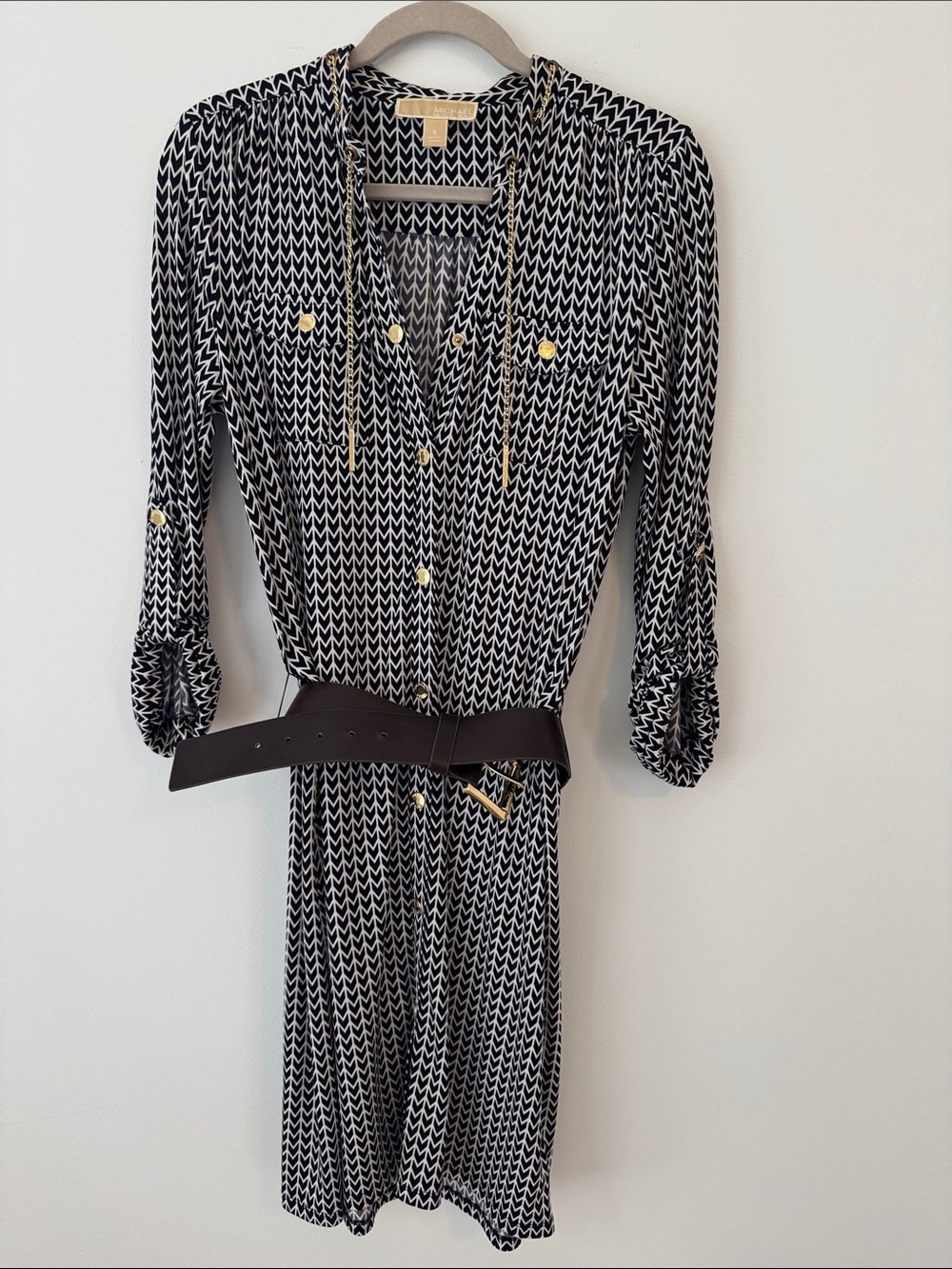 Navy & White Geo Print Shirt Dress with Gold Accents